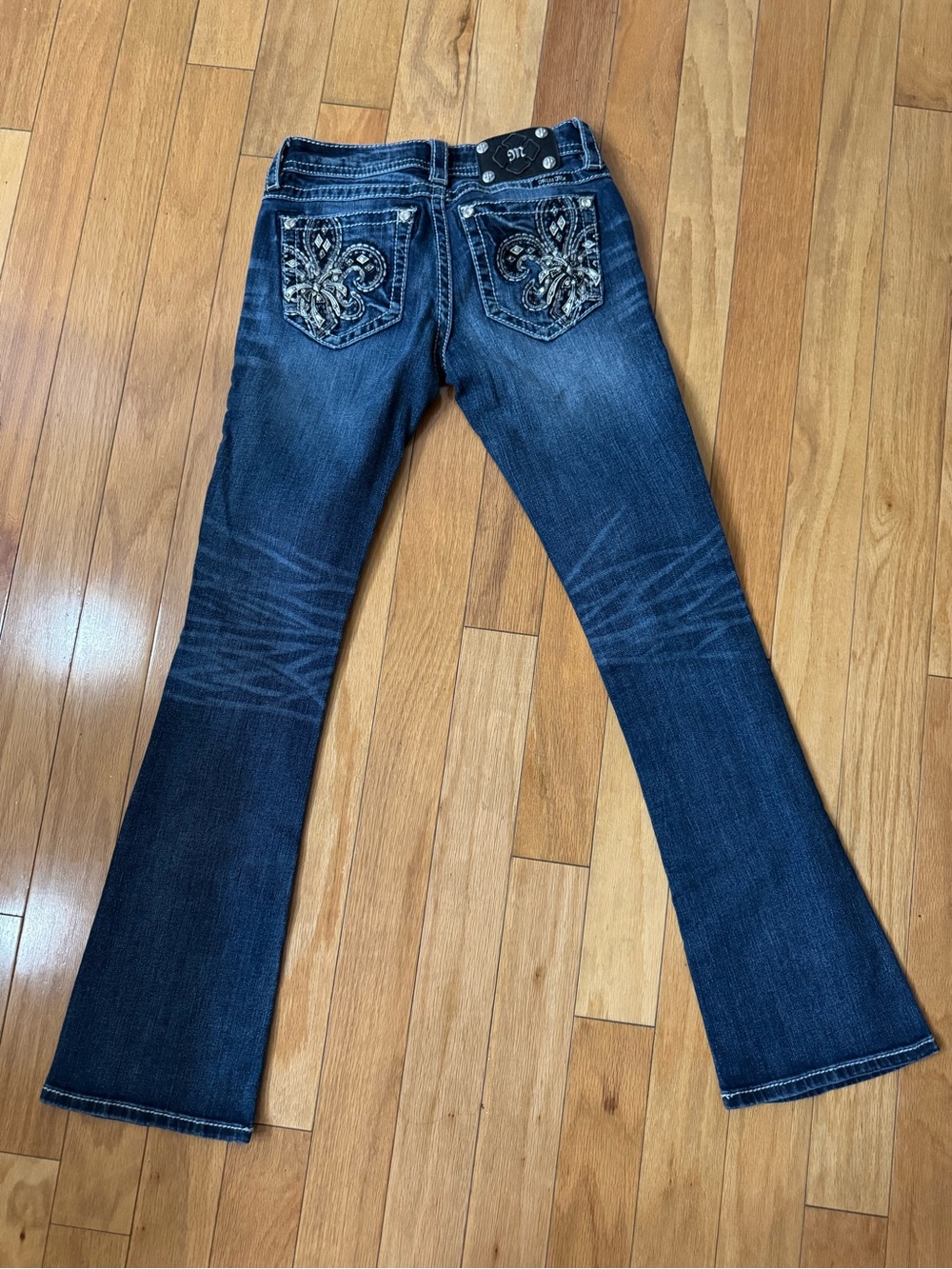 Women's Miss Me Standad Boot Cut Embellished Crystal Fleur De Lis Denim Jeans 26
